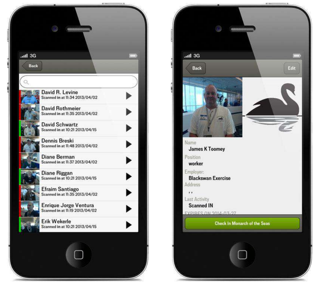 Mobile application showing personnel list and individual check-in interface