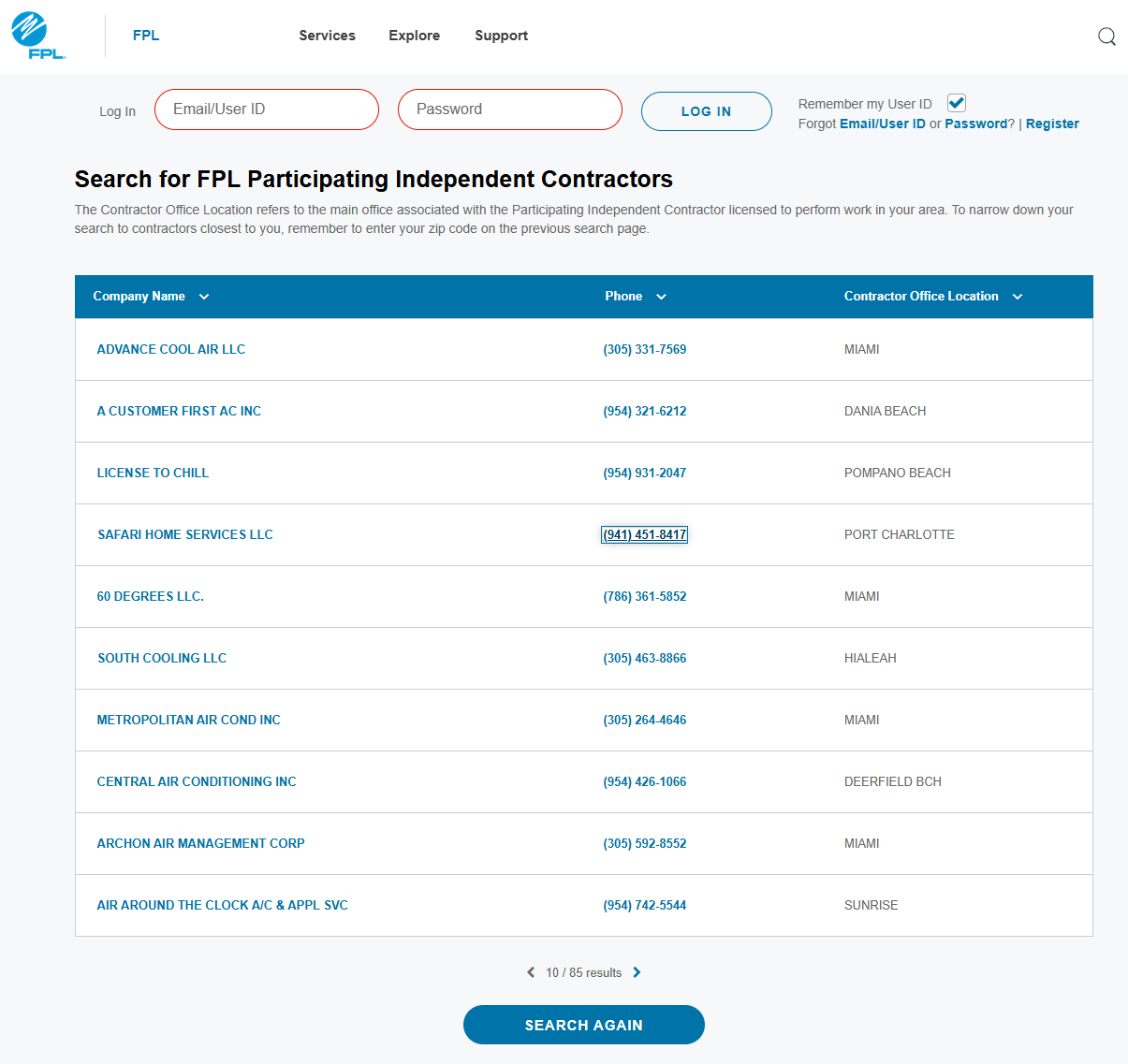 PIC Search results showing clickable phone numbers and contractor information