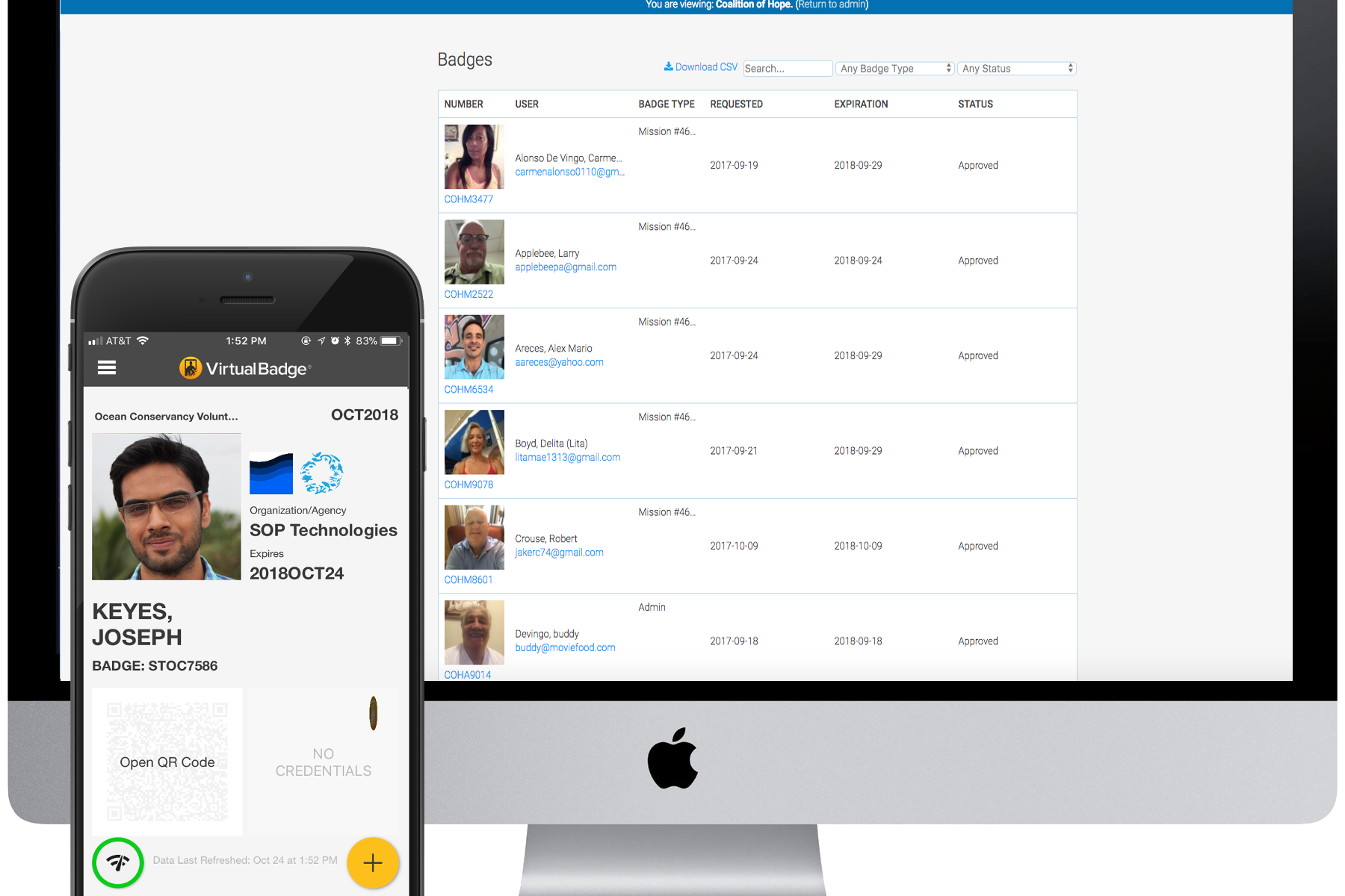 Virtual Badge platform interface showing mobile app and web dashboard